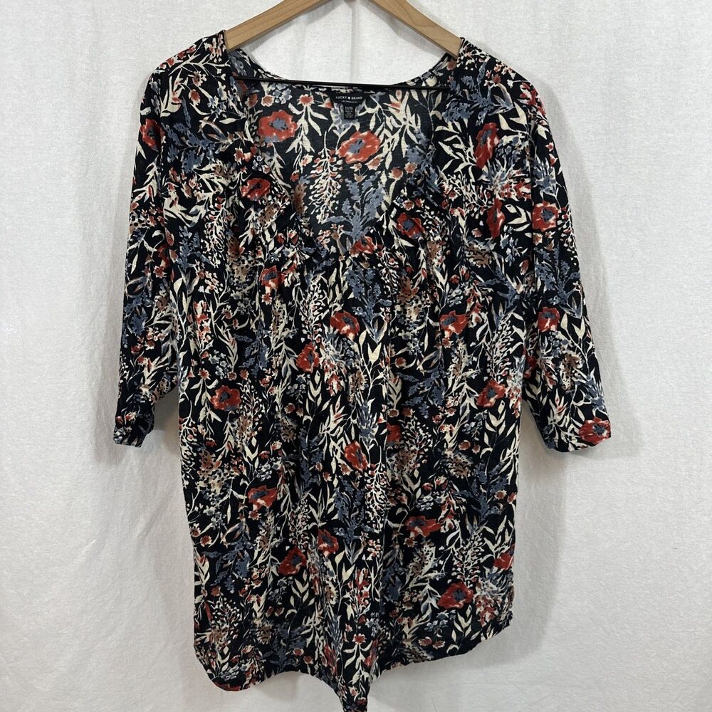 Lucky Brand Dark Floral Pleated Texture Vneck 3/4 Sleeve Top Womens Sz 1X Boho